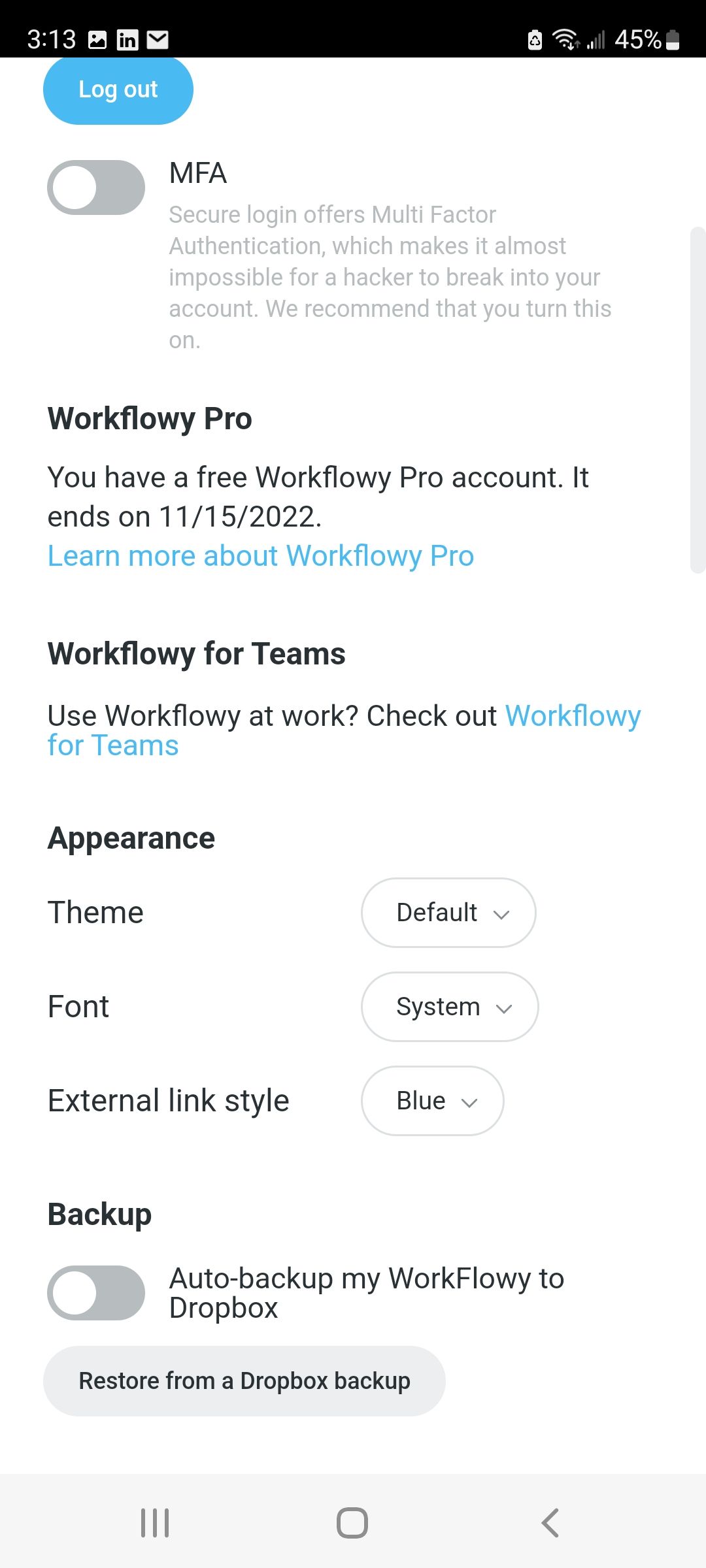 Screenshot of settings in Workflowy app