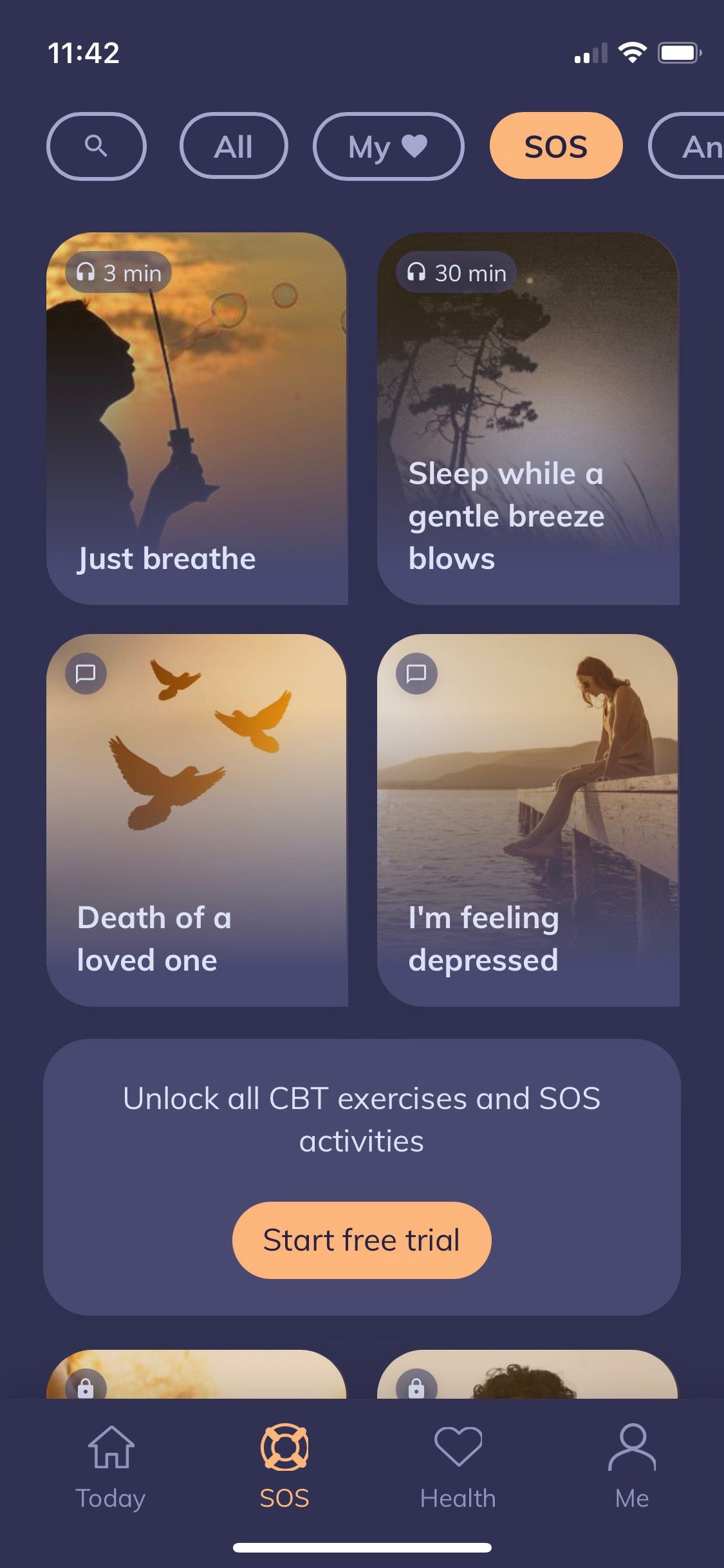 Screenshot of Youper app showing SOS help categories