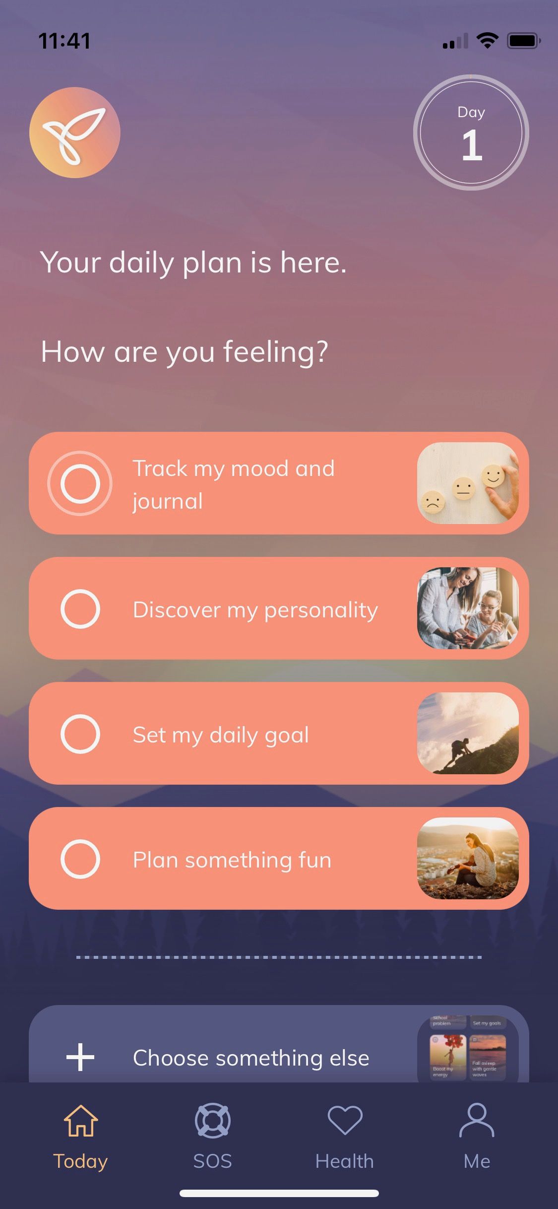 Screenshot of Youper app showing personalized daily plan
