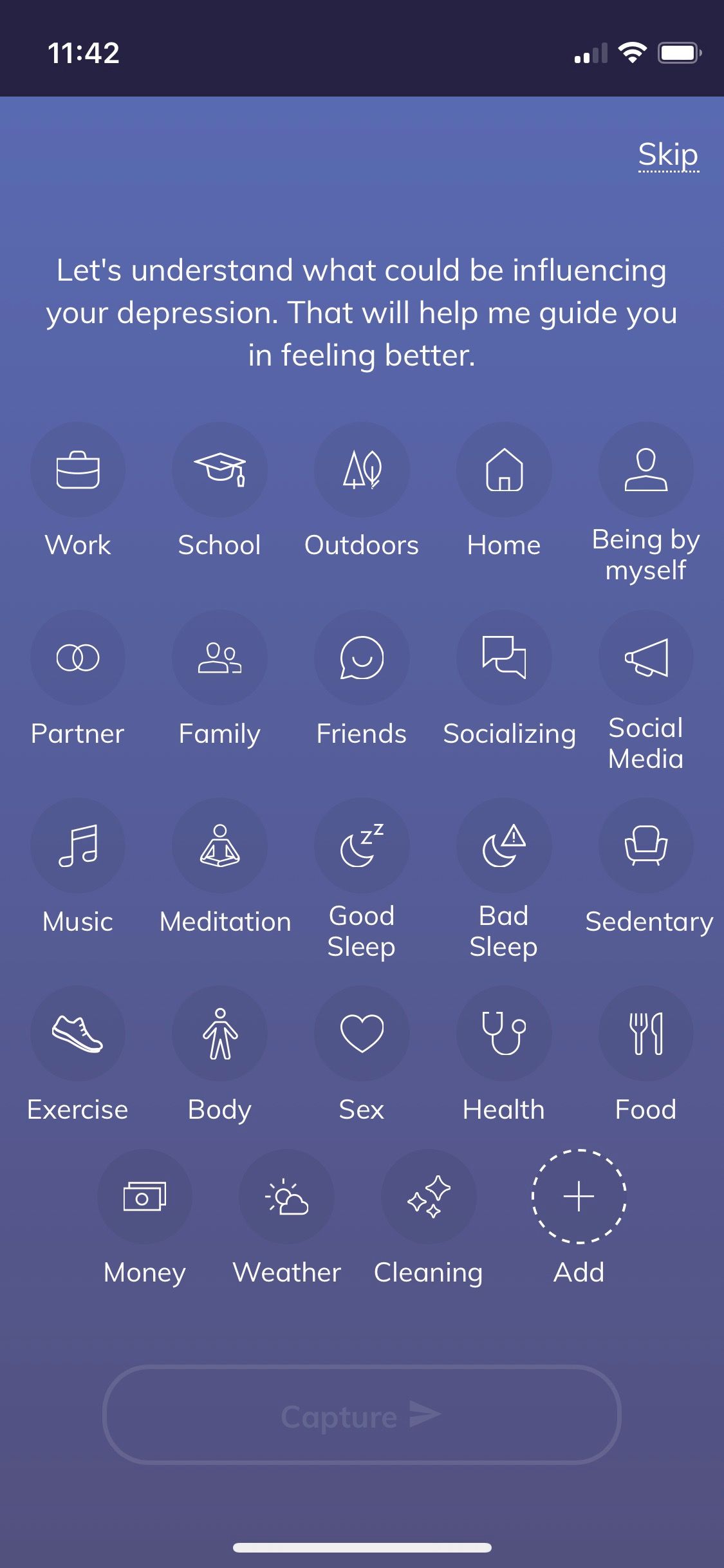 Screenshot of Youper app showing questionnaire