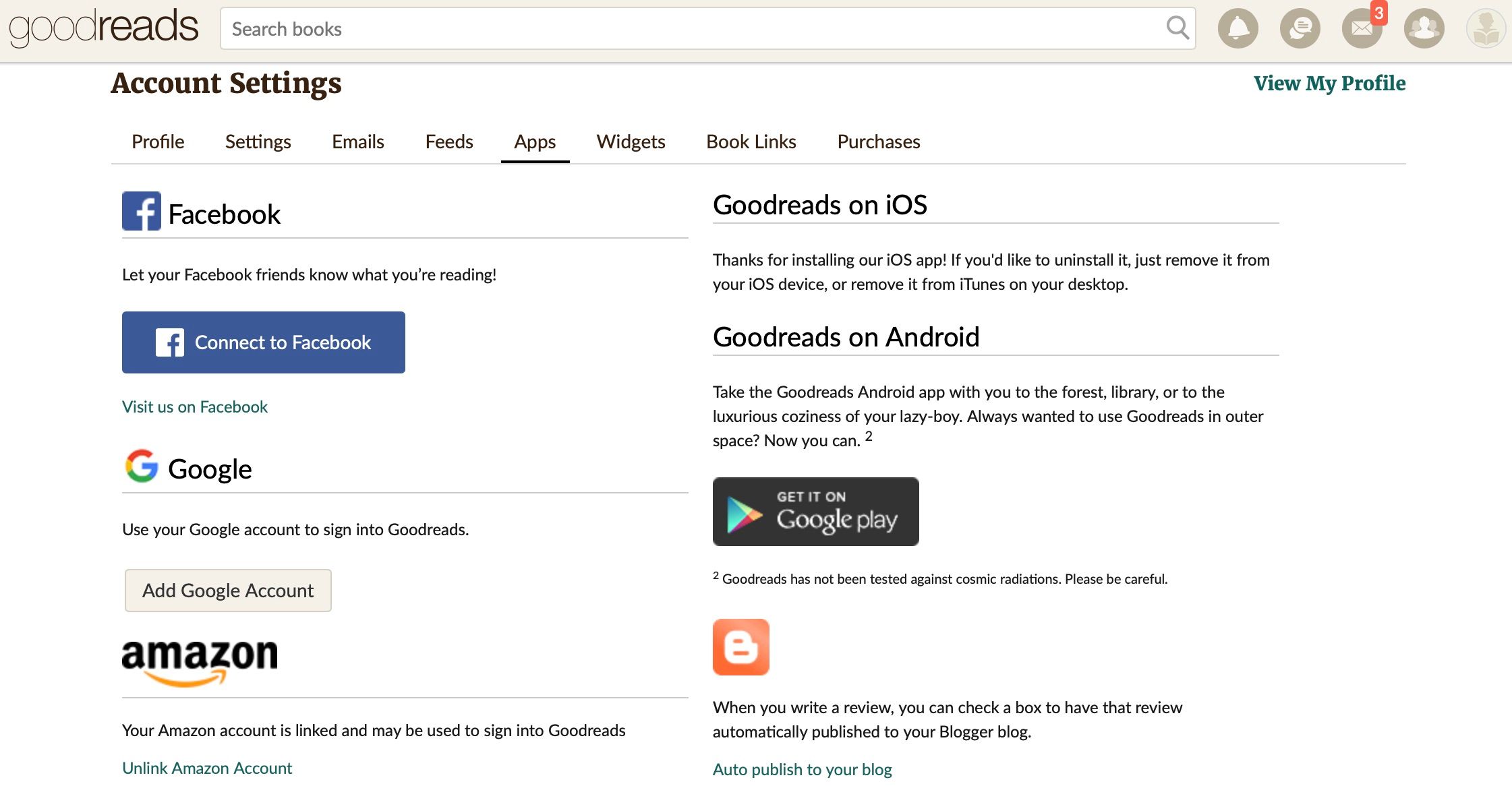 Screenshot of goodreads website showing apps section in account settings