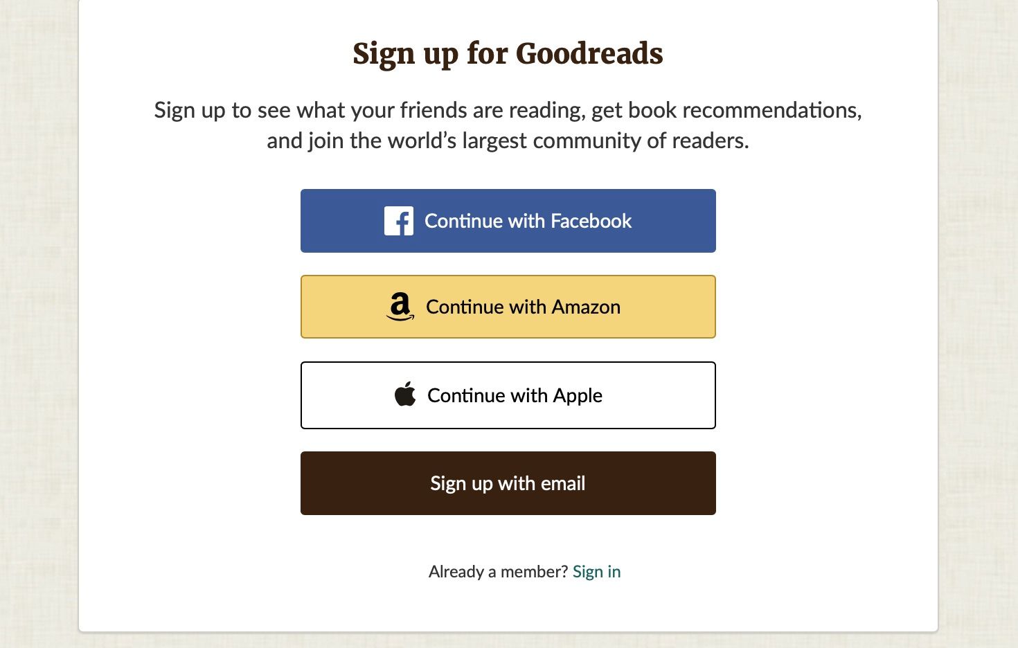 Cuplikan layar situs web goodreads yang menampilkan opsi pendaftaran