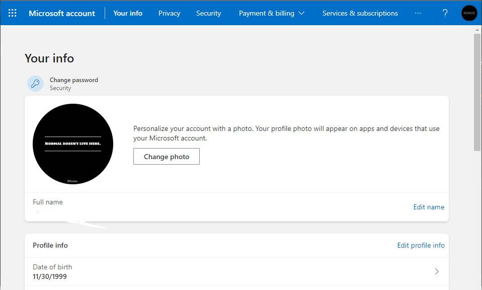 Screenshot of how to change date of birth on Microsoft Accounts