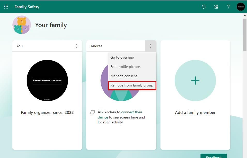 Screenshot of how to remove an account from family group