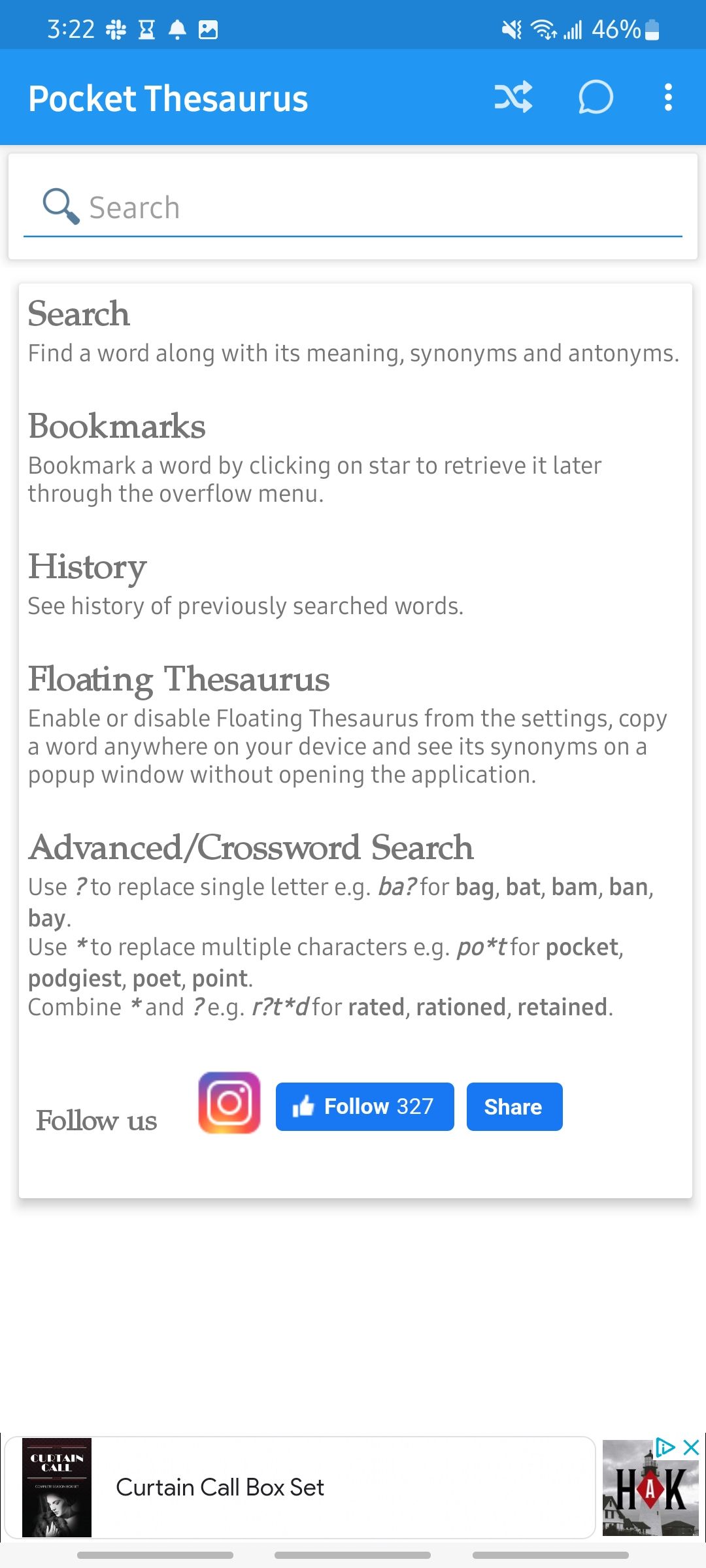 Screenshot of the Pocket Thesaurus app home screen with search bar
