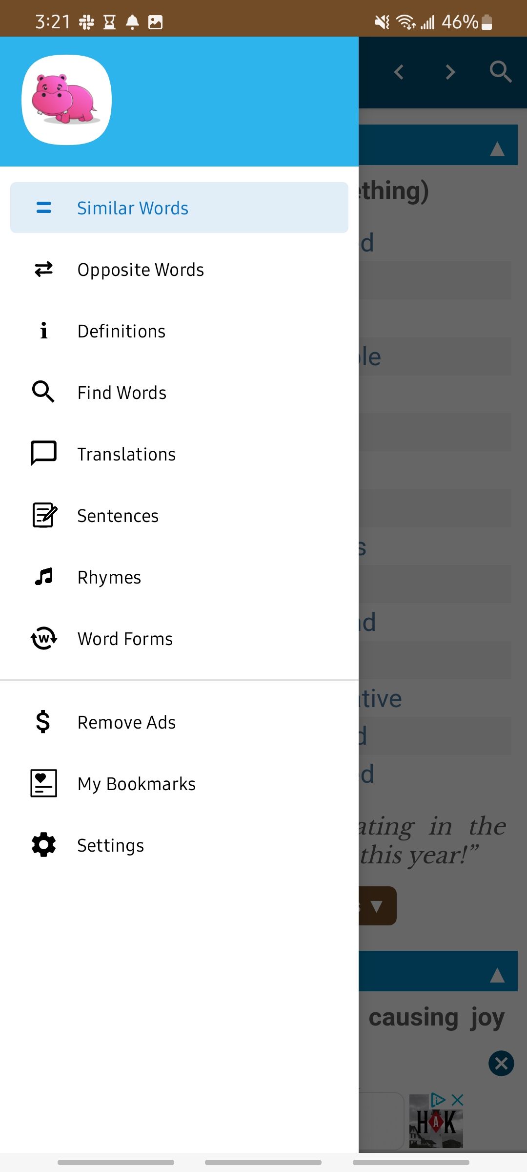 Screenshot of the side menu in the Word Hippo app