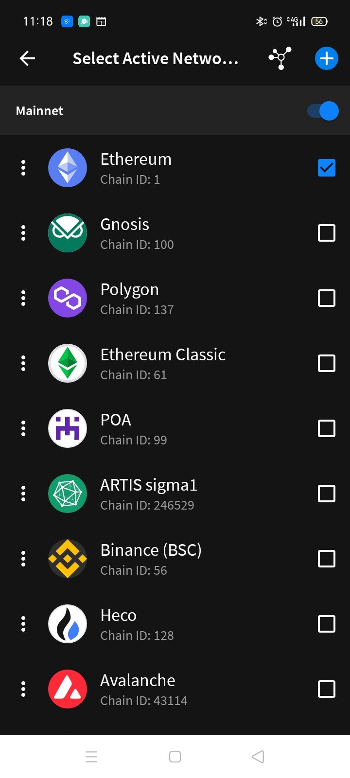 screenshot of alpha wallet showing available networks