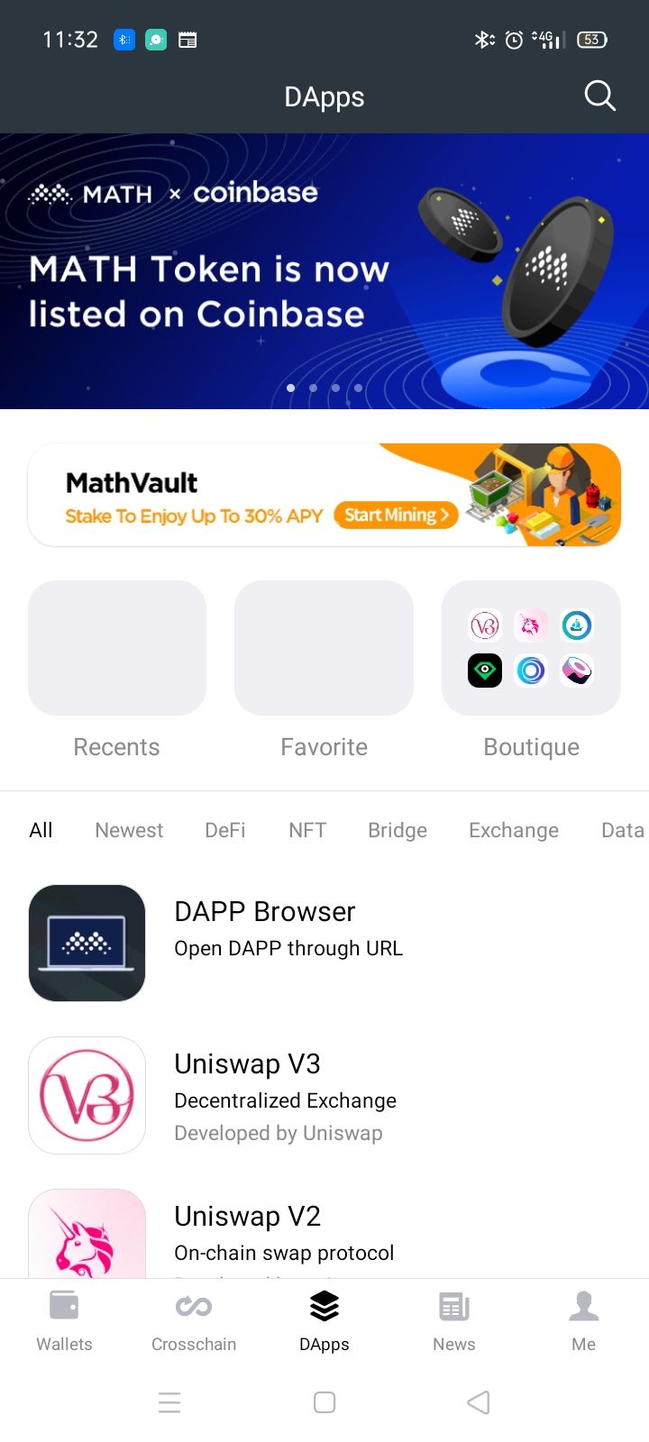 screenshot of math wallet showing dapp browser
