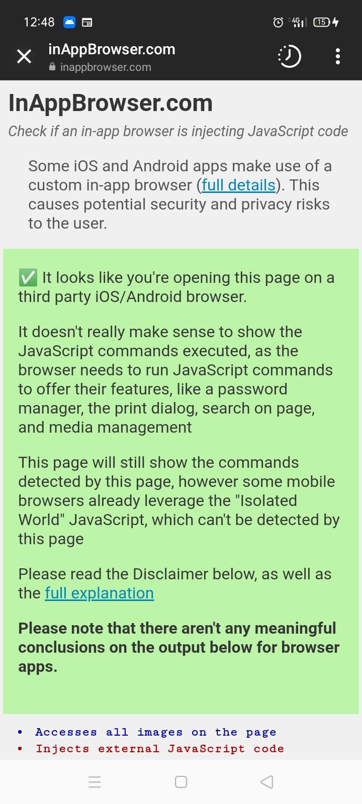 screenshot of inappbrowser feedback on android screen