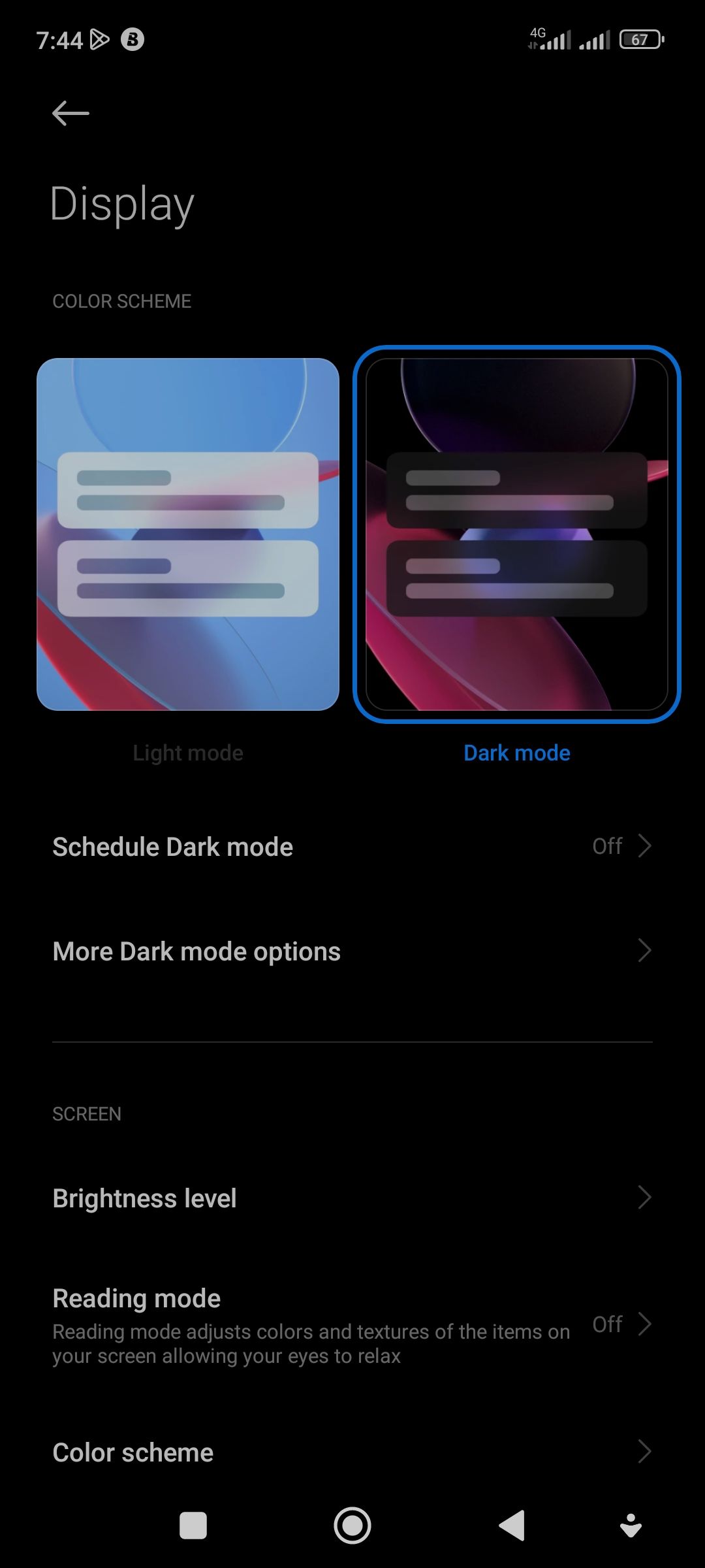 Dark themed Android display settings menu