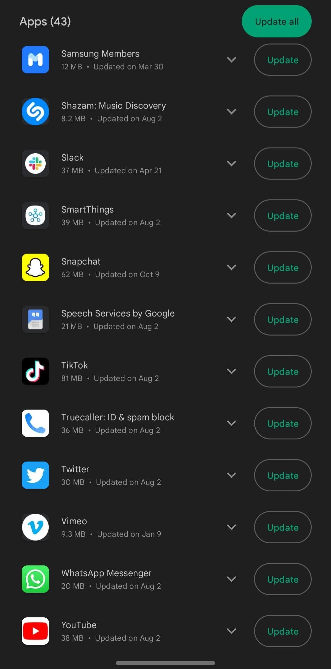 list of pending application updates on phone