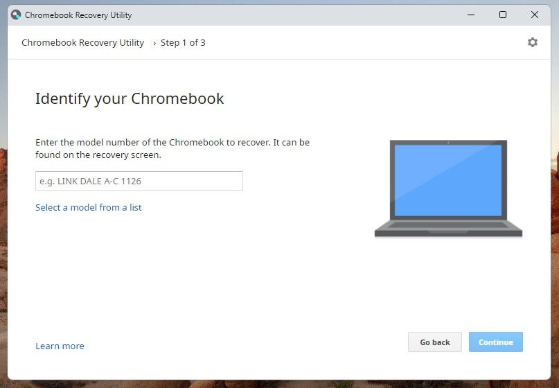 Pilih Model Dari Opsi Daftar di Utilitas Pemulihan Chromebook