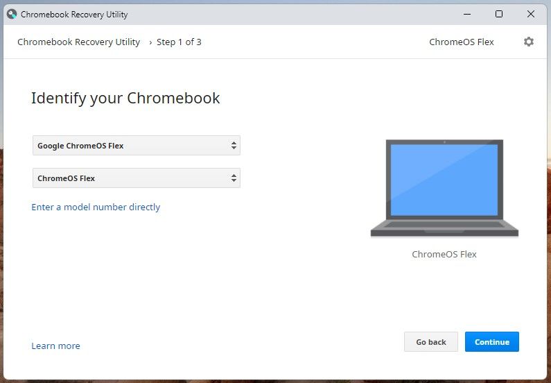 Memilih ChromeOS Flex di Utilitas Pemulihan Chromebook