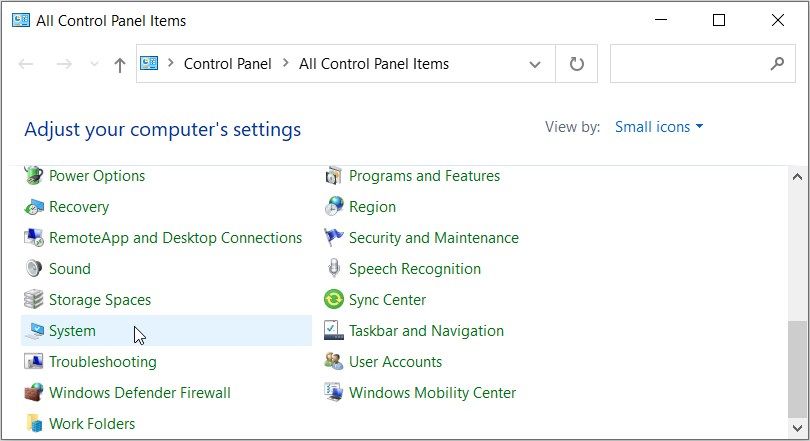 Selecting System from the Control Panel menu items