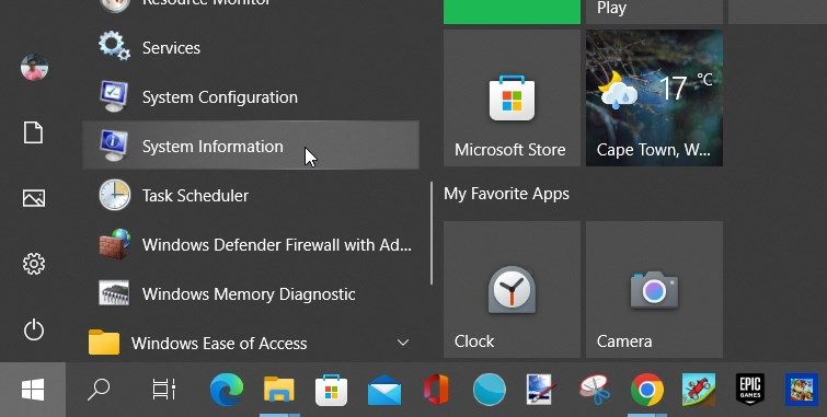 Selecting the System Information tool on the Start menu items