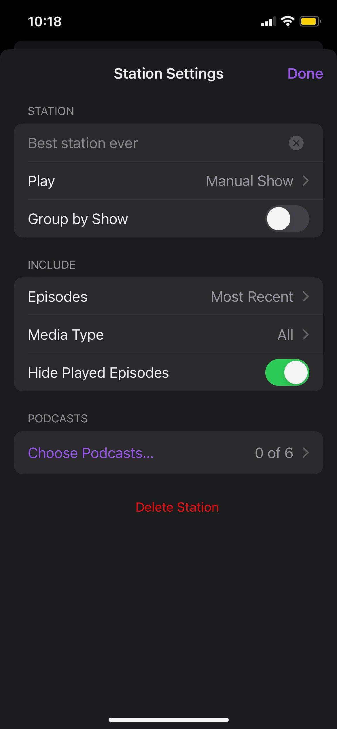 Station Settings Podcasts iPhone