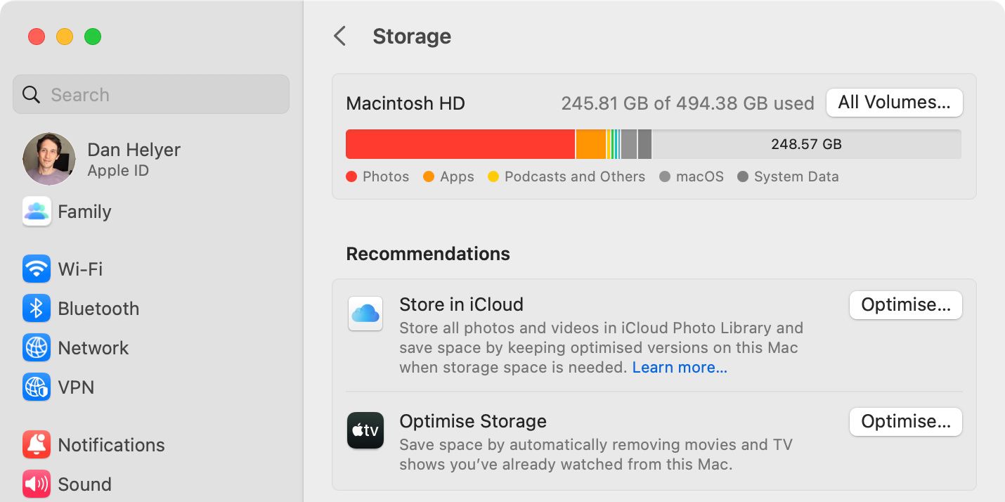 Storage System Settings in macOS