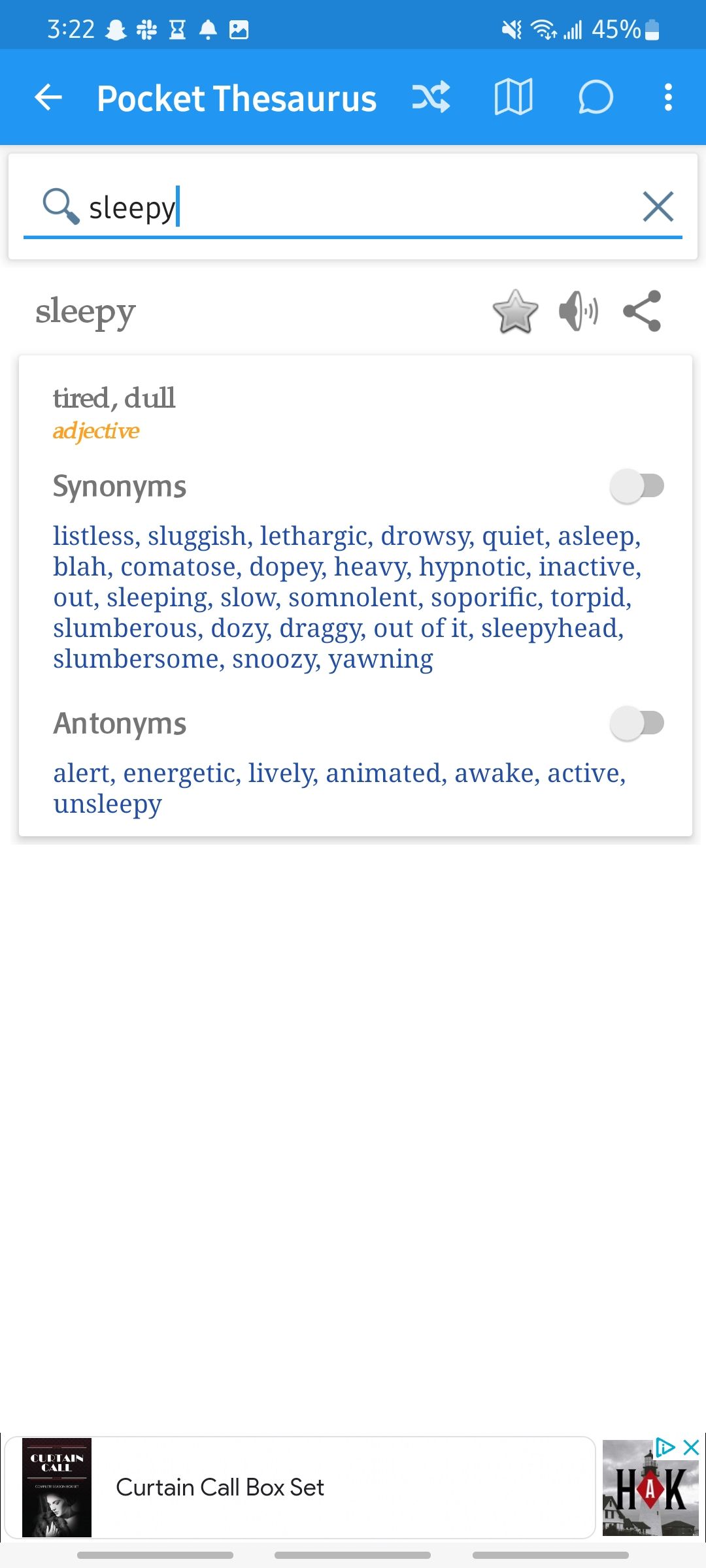 Synonyms and antonyms for the search result sleepy in the Pocket Thesaurus app