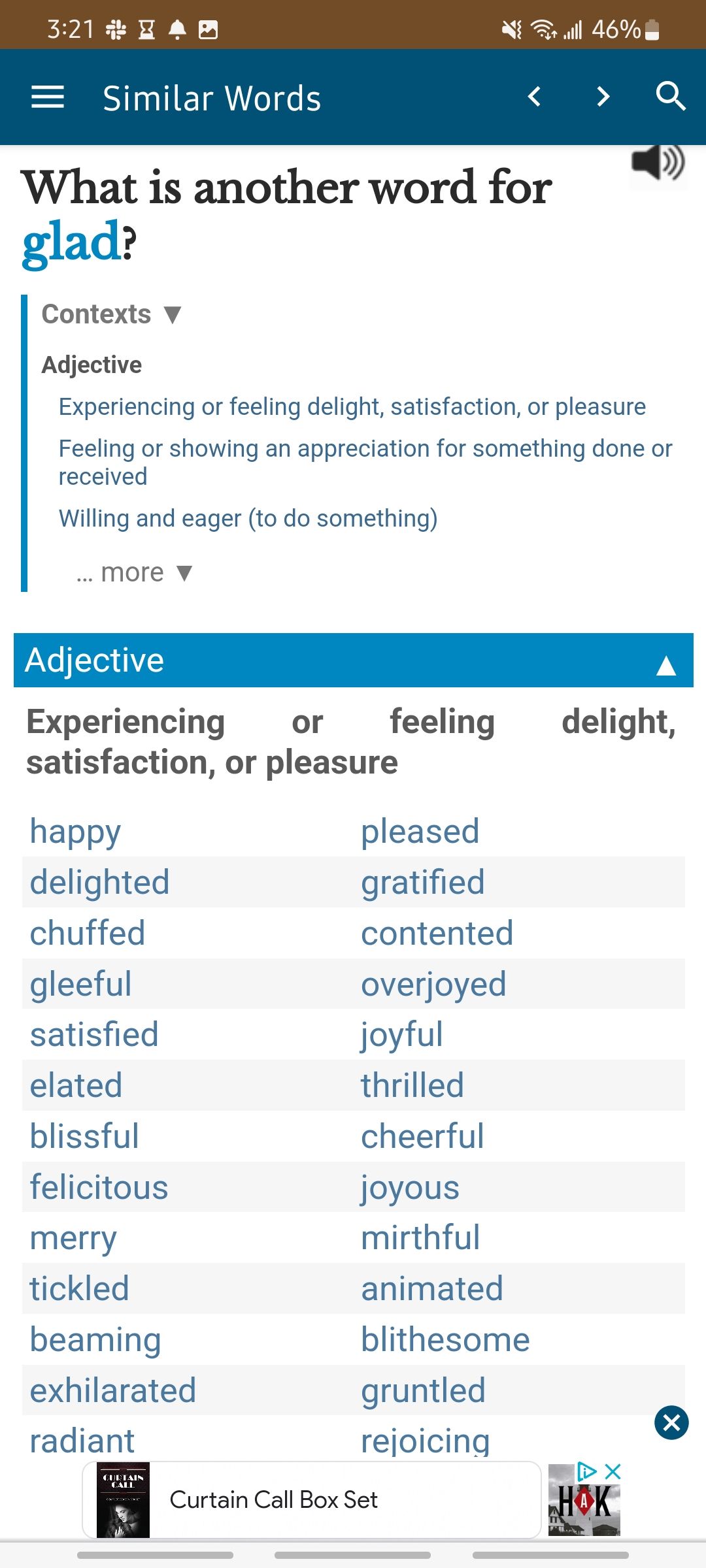 Synonyms for the word glad in the Word Hippo app