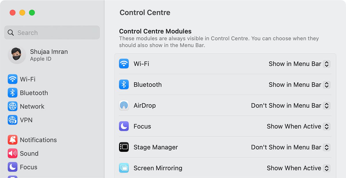 Control Centre Settings in System Settings