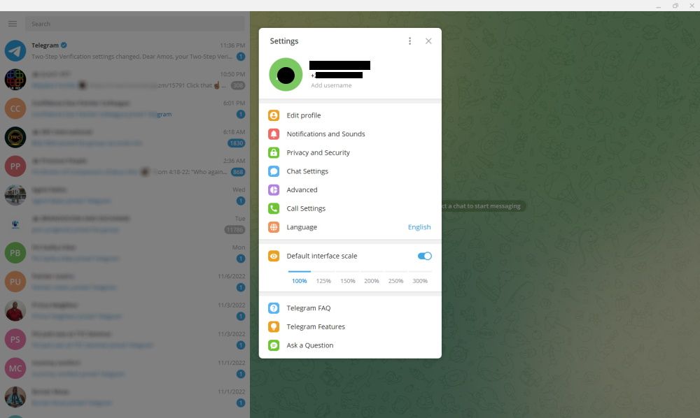 Telegram Settings Menu options