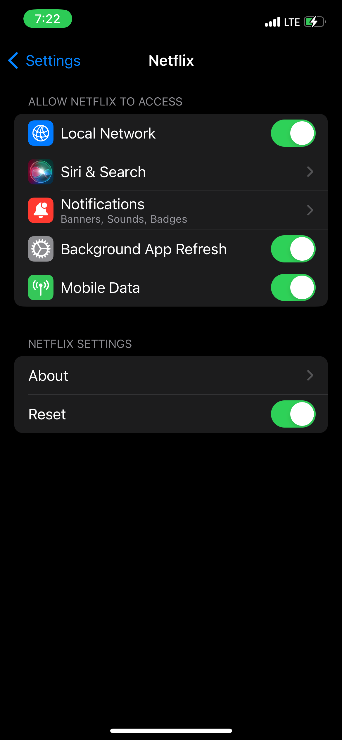 Alternar a opção de redefinição nas configurações do Netflix no iOS
