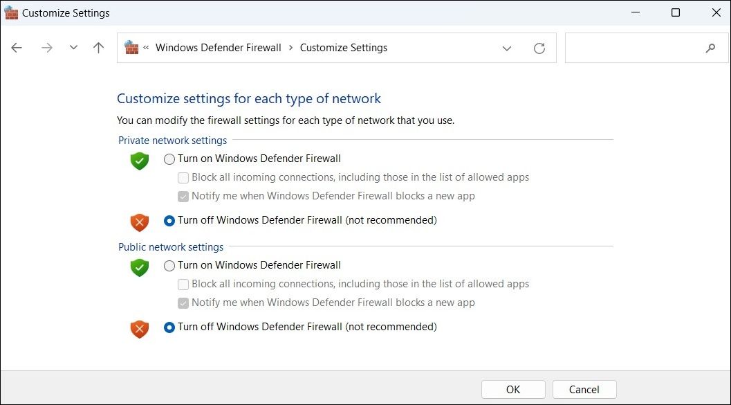 Turn off Windows Defender Firewall in Windows