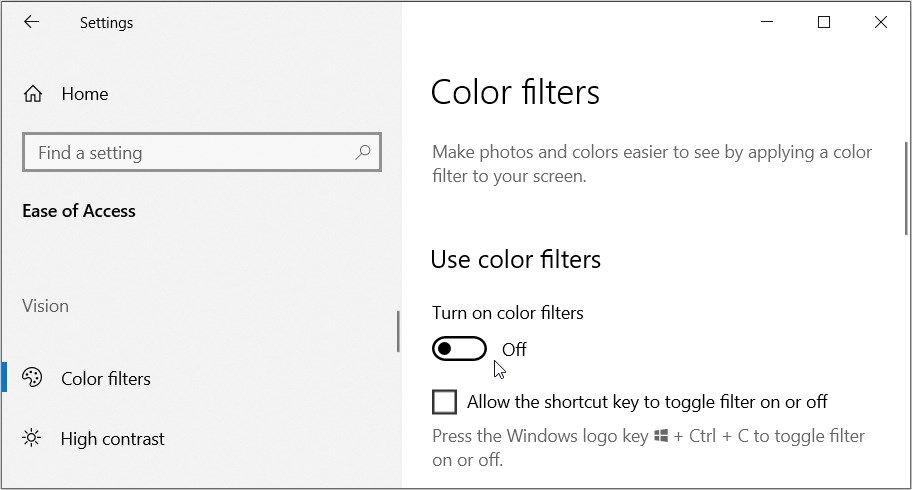 Turning off the Turn on color filters button