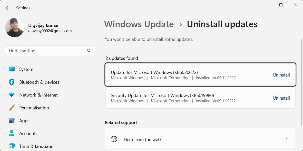 Desinstalar la última actualización de Windows