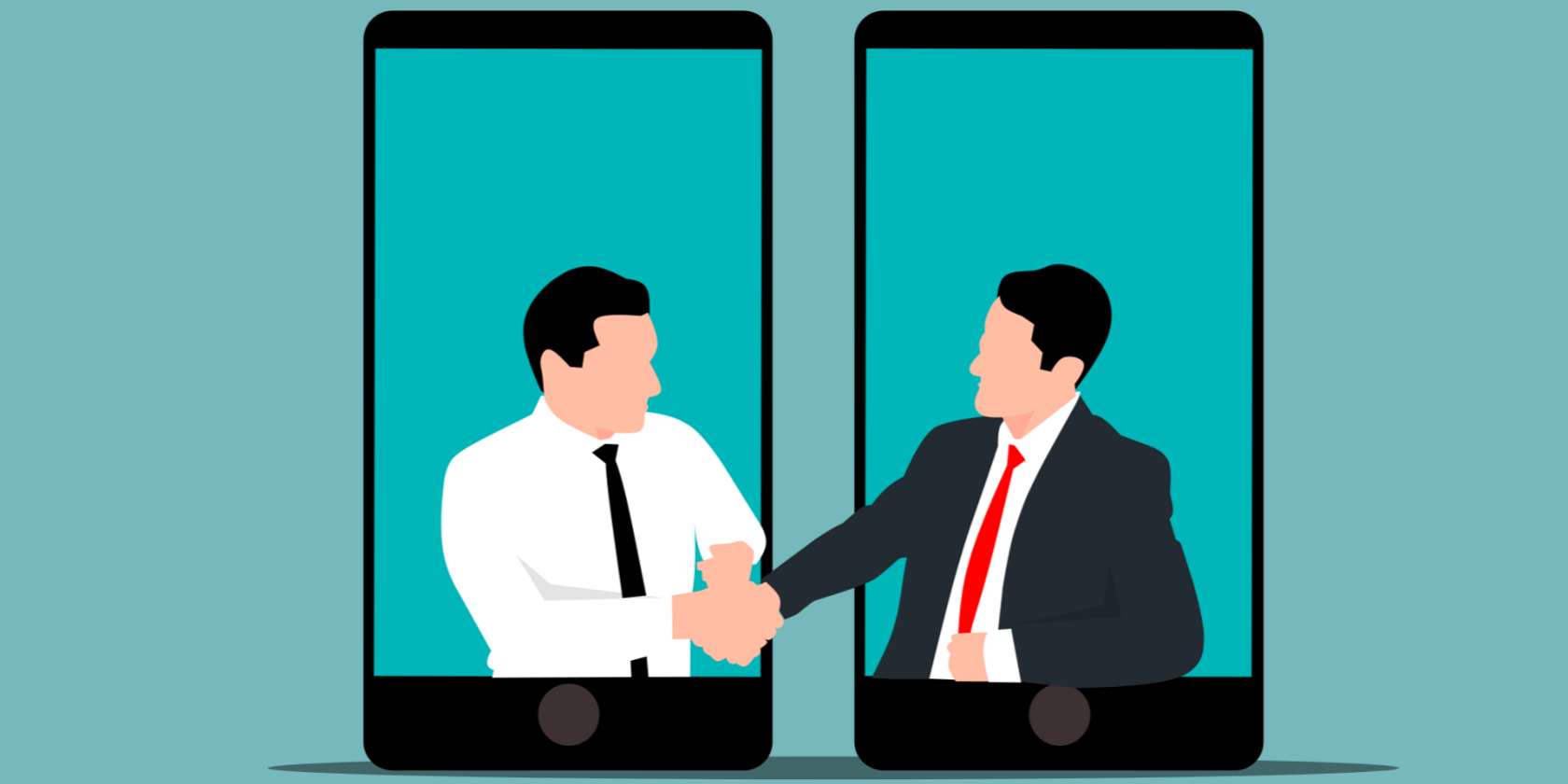 Vector image of two men shaking hands coming out of mobile phones