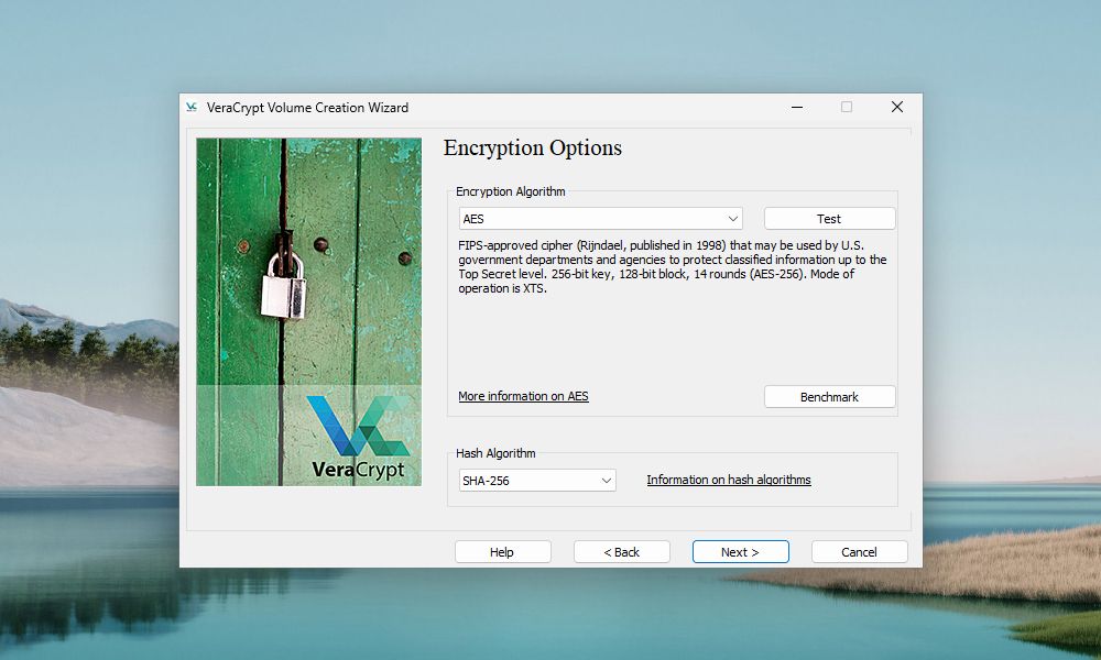 VeraCrypt Volume Creation Wizard prompting to select encryption options