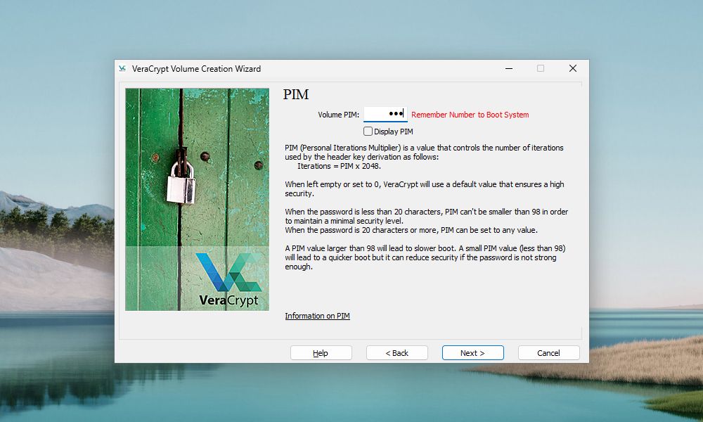 VeraCrypt Volume Creation Wizard prompting to input PIM number