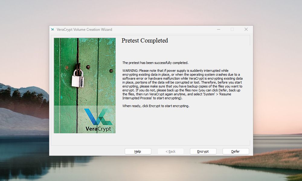 The VeraCrypt Volume Creation Wizard window informs that the pretest is complete.