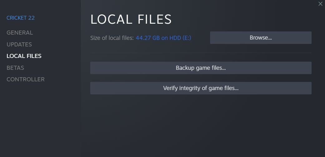 گزینه Verify Integrity of Game Files در بازی Steam for Cricket 22