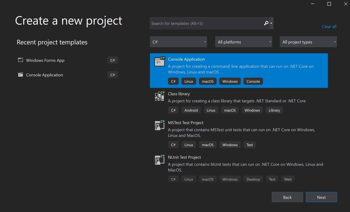 New console application selection in Visual Studio