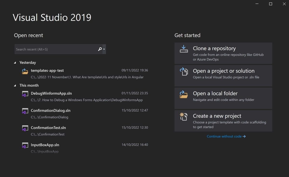 New project menu in Visual Studio