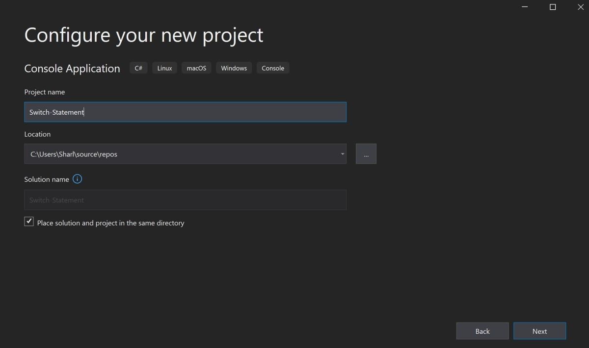 Configure your new project screen in Visual Studio