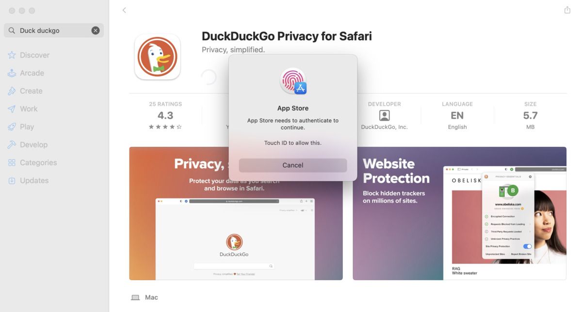 Ảnh chụp màn hình Xác thực máy Mac để cài đặt DuckDuckGo Privacy Essentials 