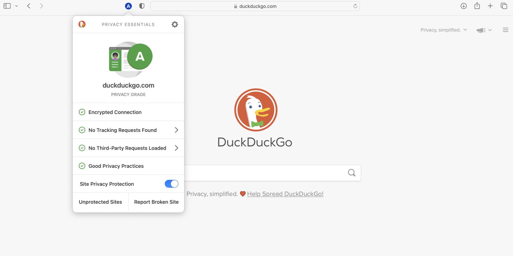Screenshot of DuckDuckGo.com privacy status 
