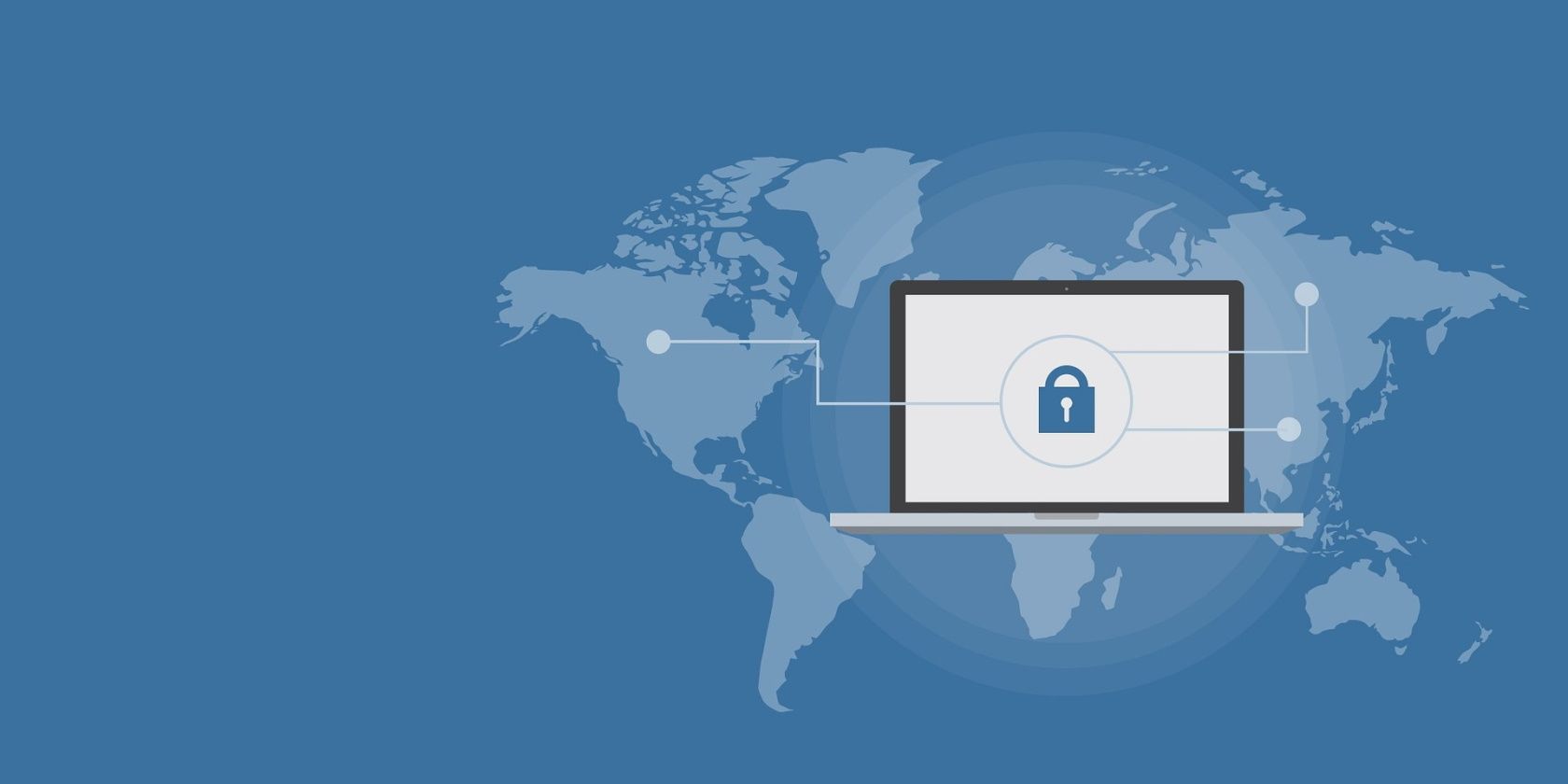 Image of Laptop with a Padlock on Screen in Blue World Map Background