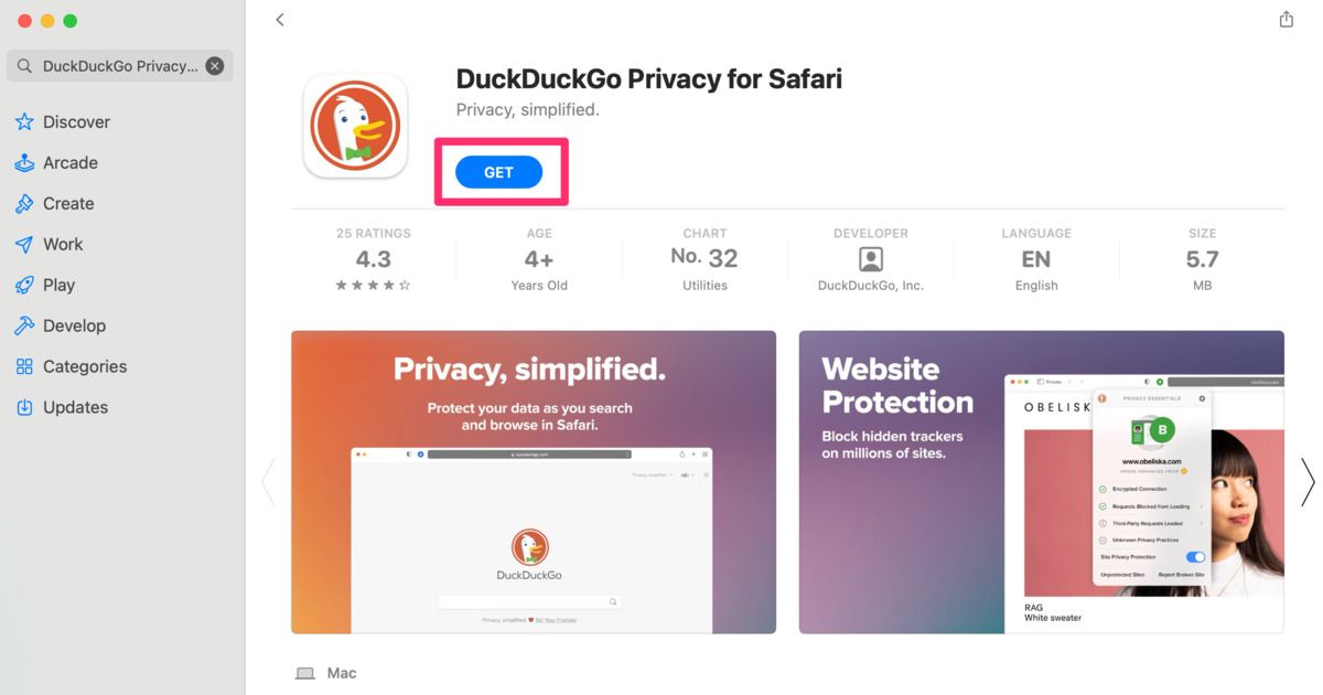 Capture d'écran de DuckDuckGo Privacy Essentials sur l'App Store 