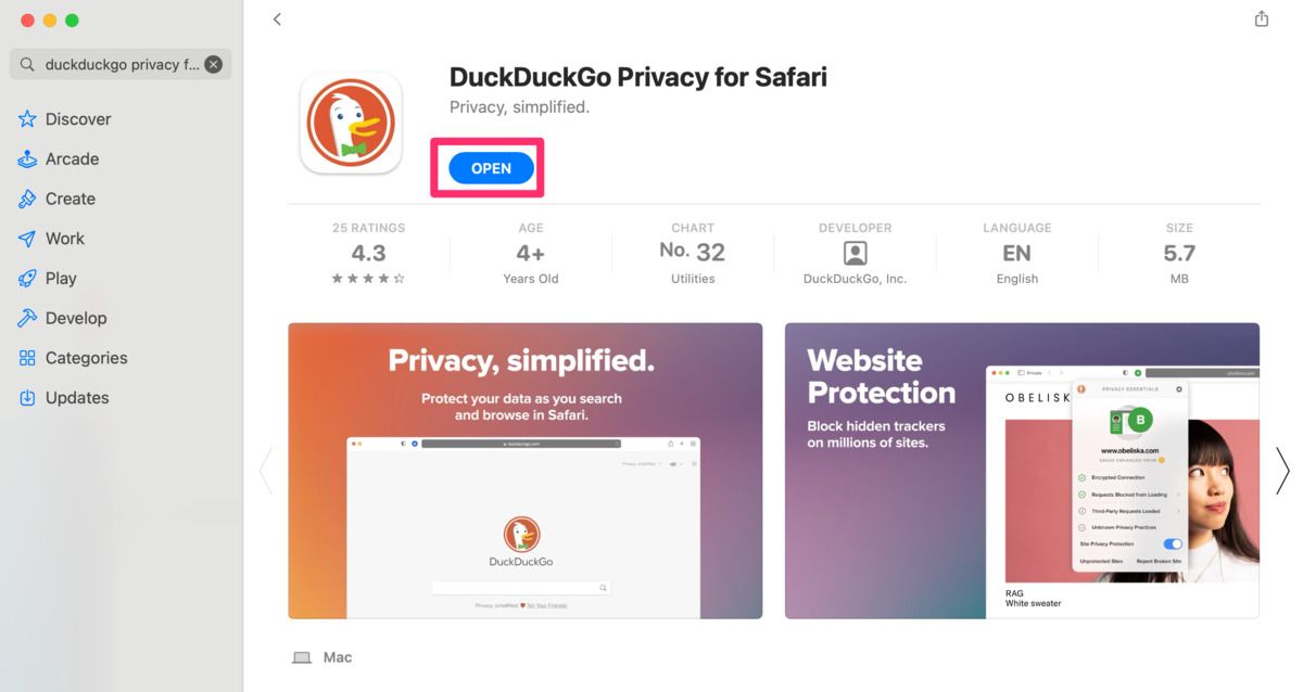 Capture d'écran terminée de l'installation de DuckDuckGo Privacy Essentials 