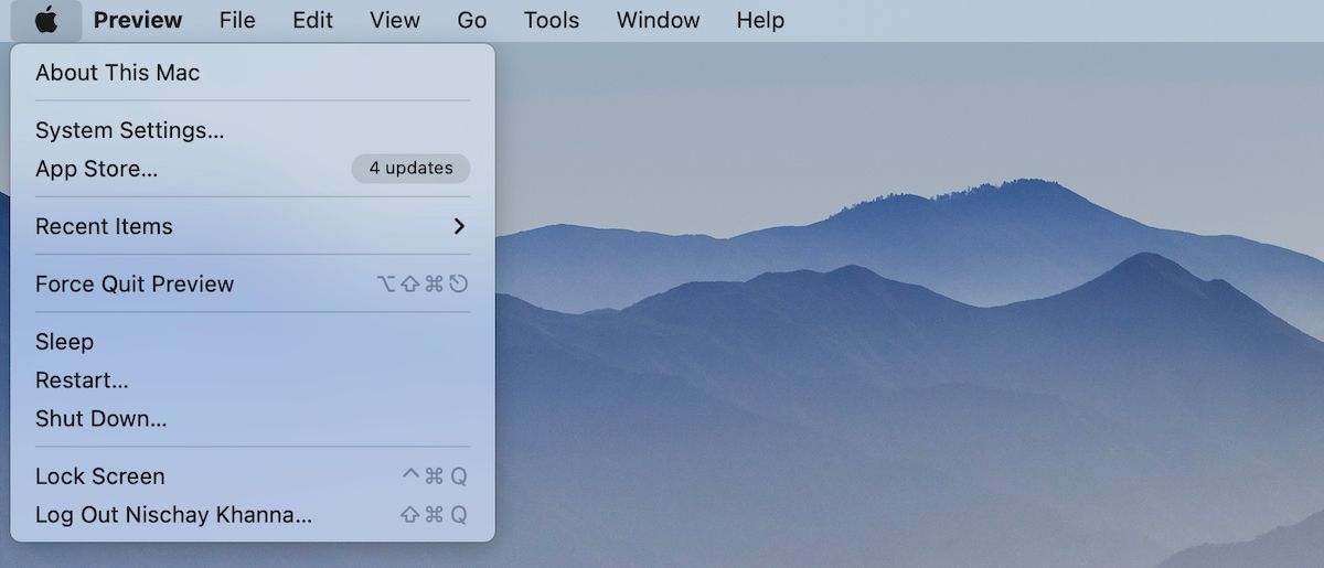 Finder menu on Mac to restart system