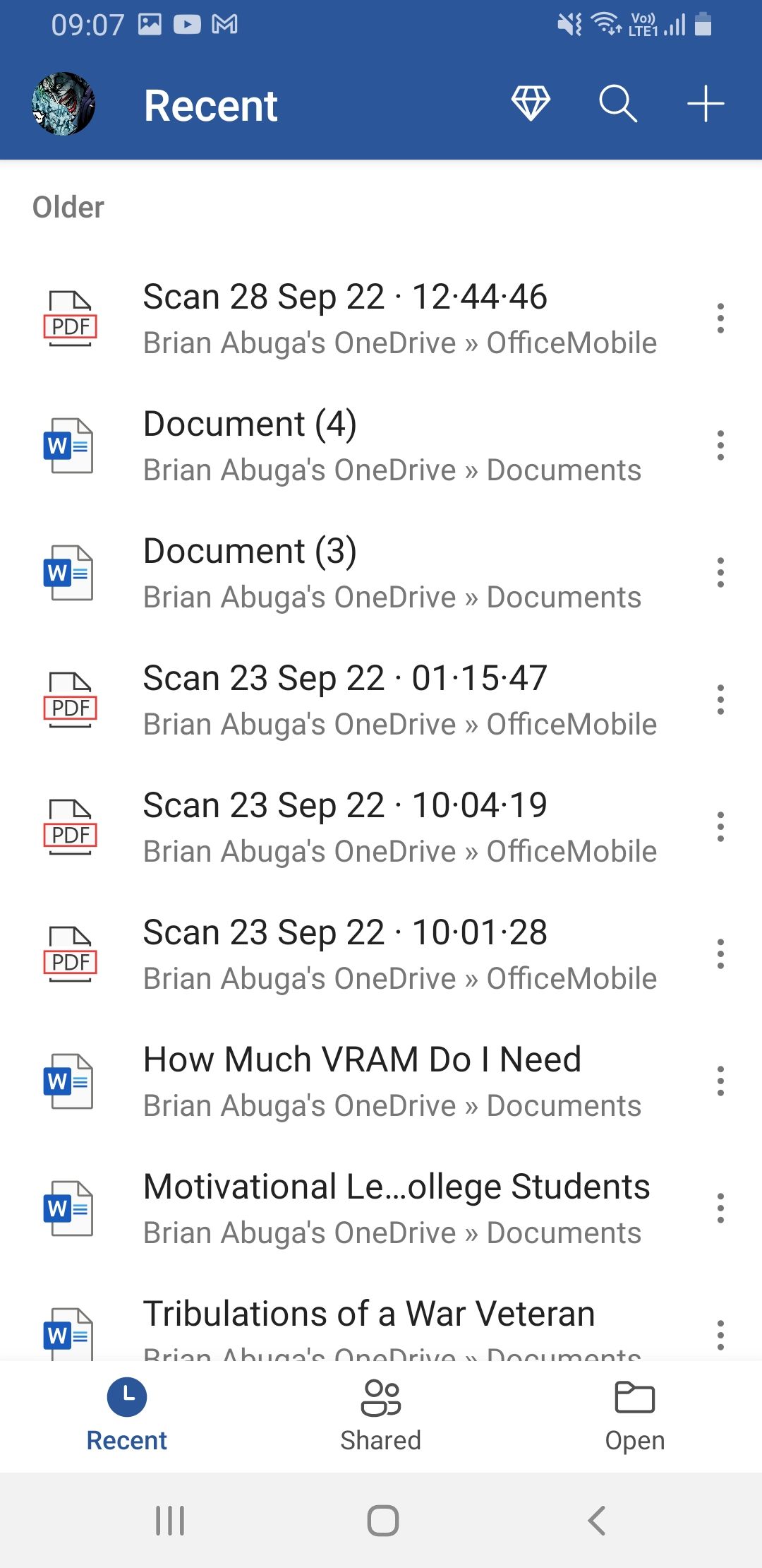 Documents on Microsoft Word app