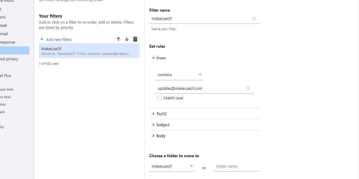 Yahoo!  filter folder email