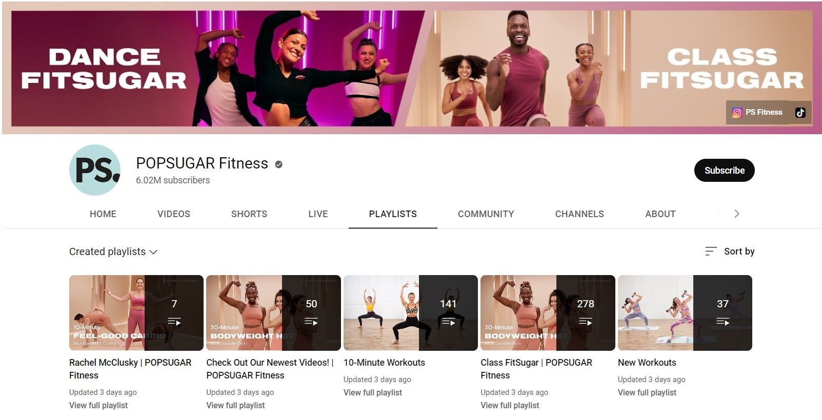 Screenshot of POPSUGAR Fitness YouTube channel