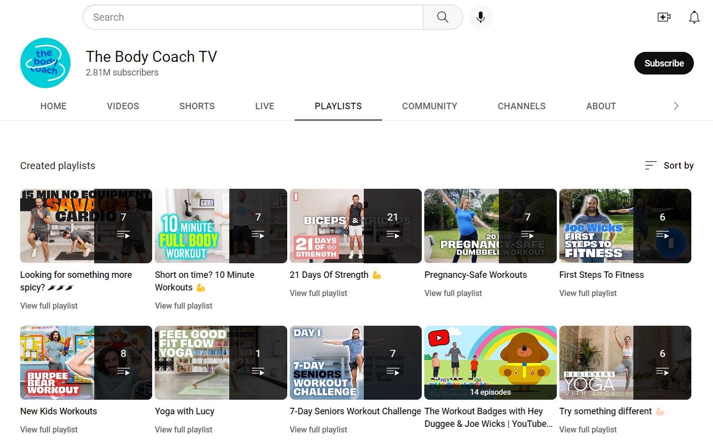 Screenshot of The Body Coach TV YouTube Channel Playlist