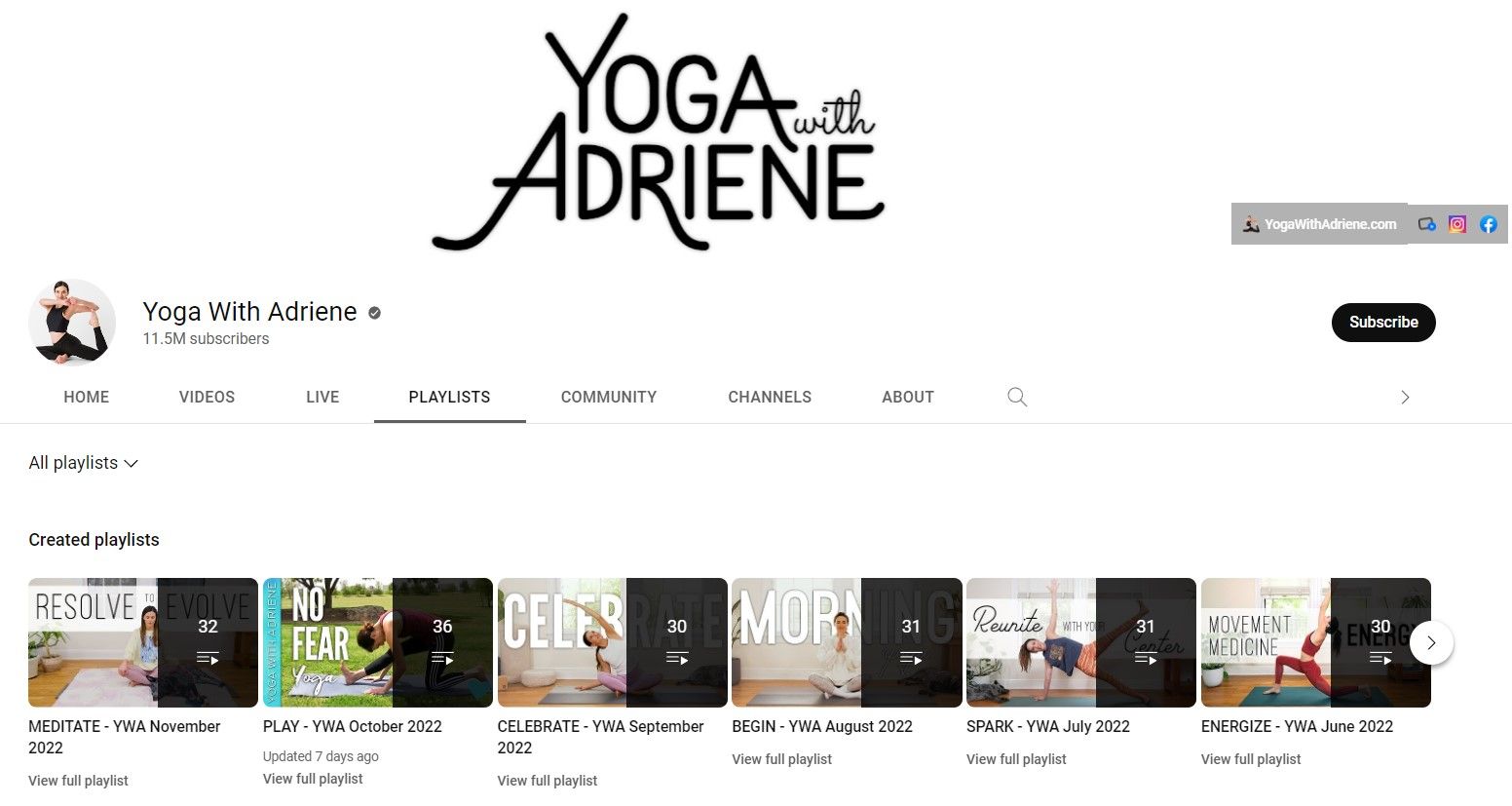 Screenshot of Yoga With Adriene YouTube Channel