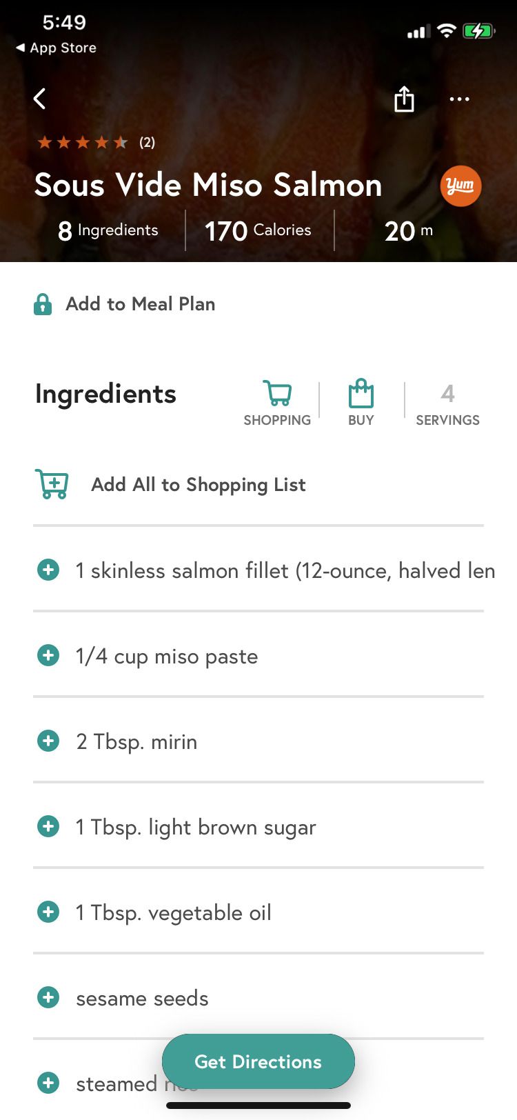 Yummly app sous vide miso salmon recipe list