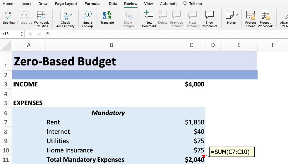 Screenshot of Excel showing mandatory expenses with screenshot